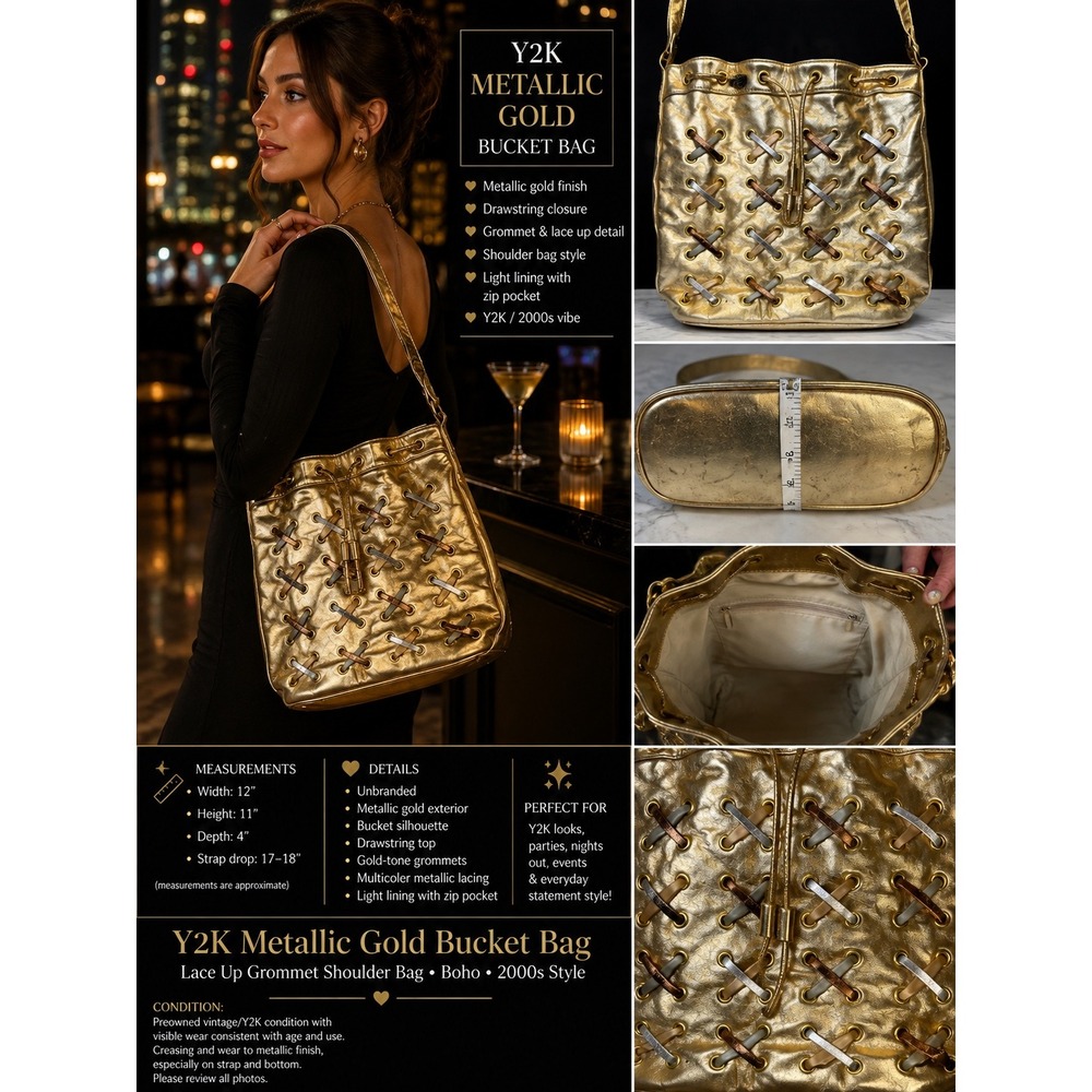 Y2K Metallic Gold Bucket Bag Lace Up Grommet Shoulder Bag Boho 2000s Vintage